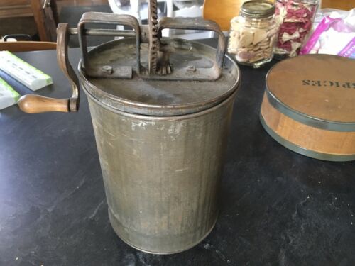 Antique Steel Metal Canister Hand Crank Butter Churn w/ Wooden Handle