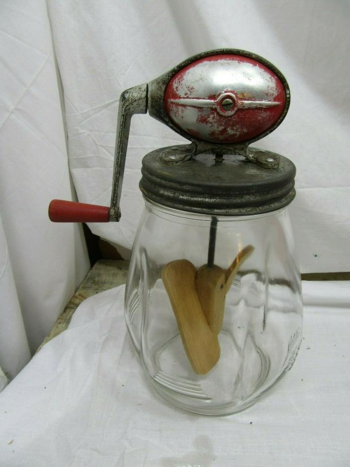 VINTAGE No.4 DAZEY BUTTER CHURN 4 QT. TULIP GLASS / RED FOOTBALL TOP