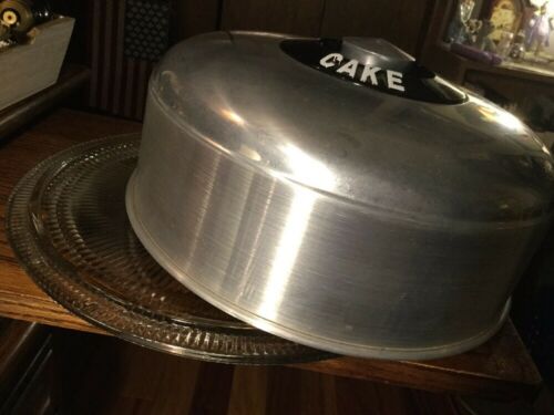 Retro Vintage KROMEX Spun Aluminum Cake Cover with Glass Cake Plate ~ MCM EXC