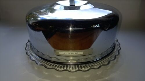 Vintage  Large  Mid-Century Chrome Cake Saver  Pressed Glass Plate  USA Made