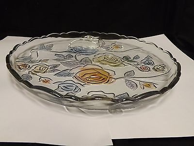 ANNA HUTTE BLEIKRISTALL COLORED ROSES SCALLOPED GLASS CAKE PLATE SERVER