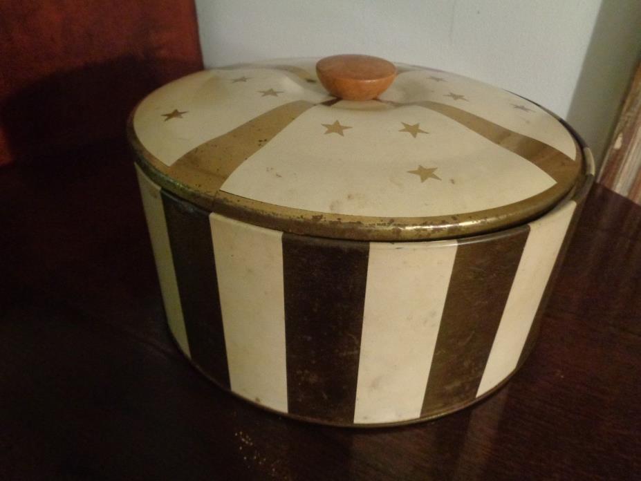 1950s Mid Century Modern Fancy Gold & Cream Cake Carrier Tin Box Canister Metal