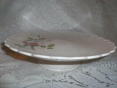 Vintage Hand-Painted Italian Art Pottery Pink Rose Scalloped Pedestal Cake Stand