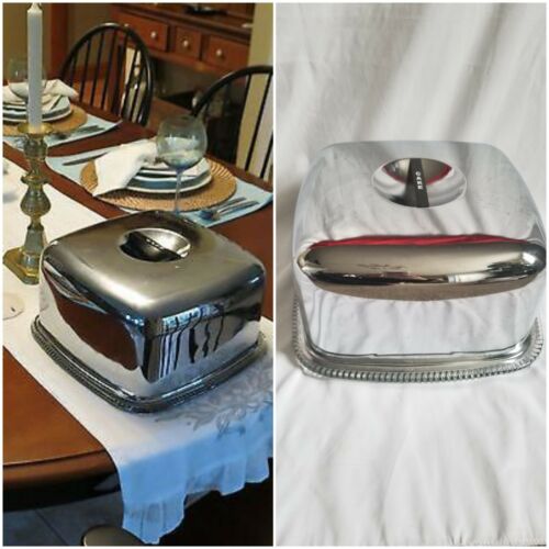 Vintage midcentury Chrome Square Cake-Server Tray Glass Plate with Chrome Lid