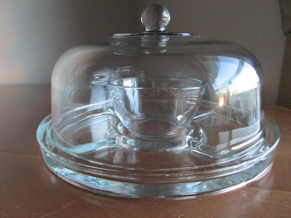 Glass Cake Dome & Footed Serving Plate/Divided Serving Plate With Condiment Bowl