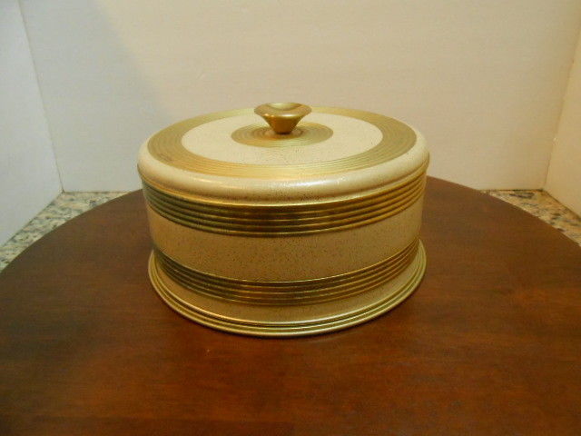 Vintage Round Gold Striped Metal Cake Carrier Pan Cover 10 1/2