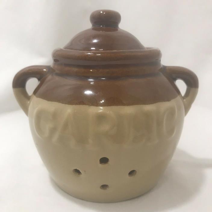 Garlic Storage  Keeper Jar Brown Crock With Lid Stoneware