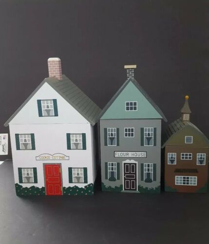 3 Vintage Country Wood House Shaped Kitchen Canister Set Cottage Wooden
