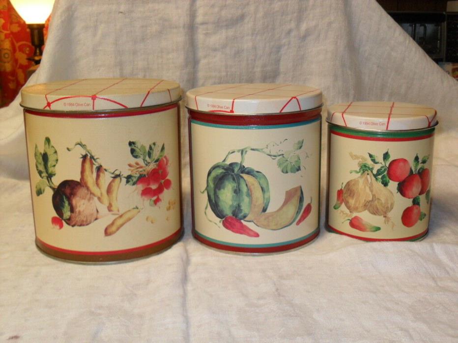 Vintage Metal Canister Set of 3 FRUITS & VEGGIES Unused 1994 OLIVE CAN CO.