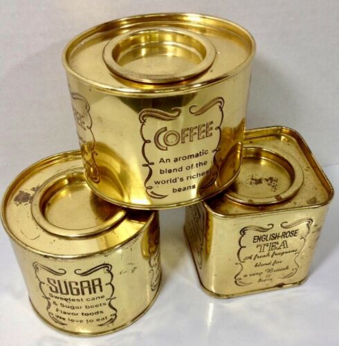 CANISTERS Brass Set Of 3 Sugar Coffee Tea Round Square Oval