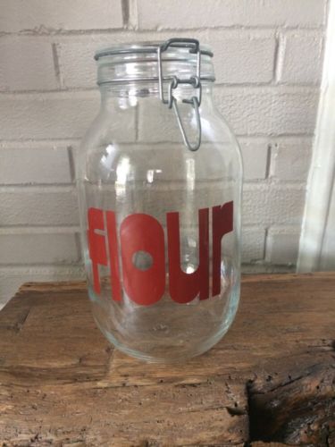 MID CENTURY TRIOMPHE FLOUR JAR WIRE BAIL LID RED LETTERED GLASS 3 LITER FRANCE