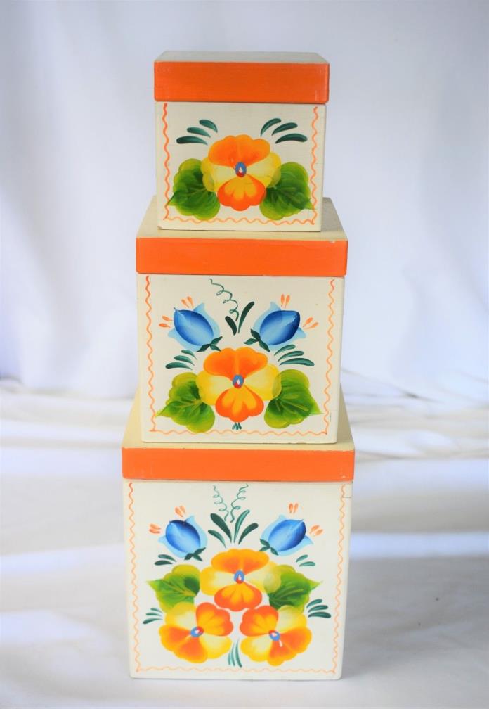 SET of 3 Vintage Wood Nesting Canisters Boxes - Handpainted w/ Floral Motif