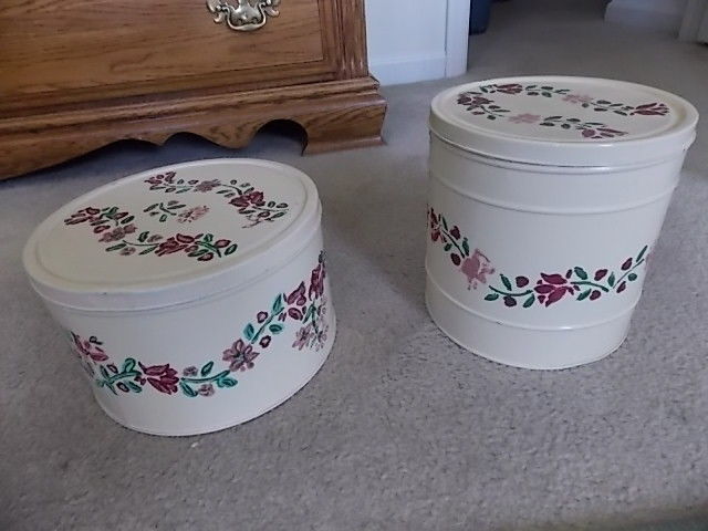 Vintage 1970's (2)  Hand Painted Cookie Tins Beige with floral pattern Canister