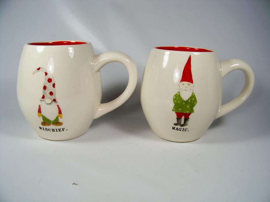 RAE DUNN Mischief Magic Christmas Elf Gnome Red Interior Mug Cup Set of 2