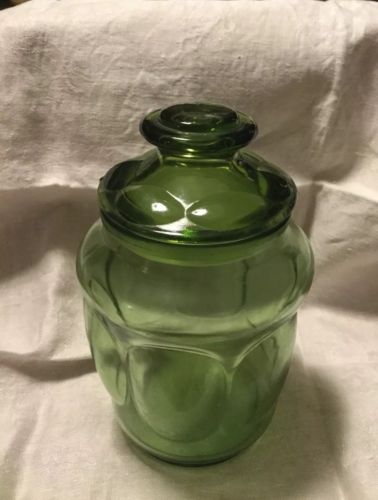 Mid Century Vintage Avocado Green Thumbprint Glass Canister Apothecary Jar 7