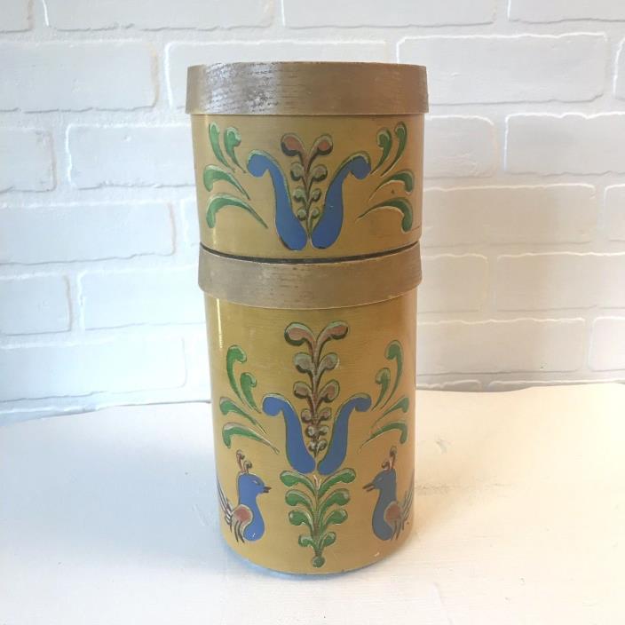 Vintage Painted Round Metal Canisters Birds Plastic Lid Stackable Set of 2