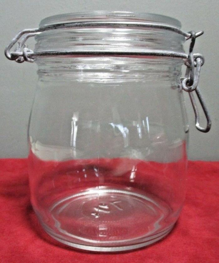 Vintage ARC Clear Glass 3/4 Liter JAR/CANISTER w. Wire Bale Lid ~ Made in France