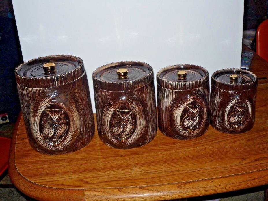 VINTAGE CERAMIC Owl Canister Set  4 PIECE W/LIDS, DOUBLE SIDED.