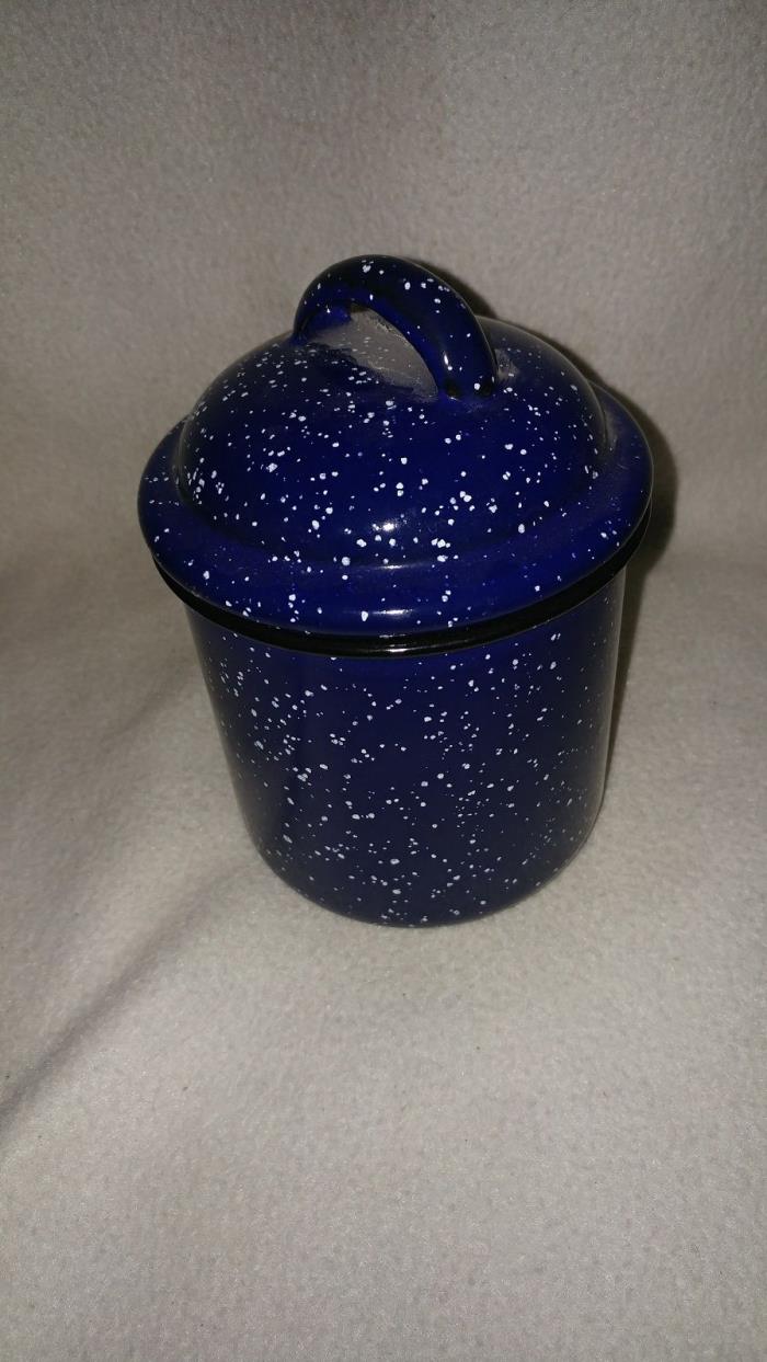 Canister blue tin speckle 10 cm with lid Not vintage 4 inches tall
