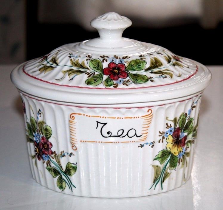 Small Porcelain Ceramic ITALY TEA CANISTER Box w/Lid Floral Red Green ~ EXCLNT