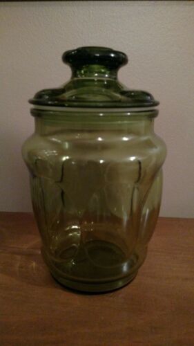 Vintage 8 inch Green Glass Jar Canister Apothecary Candy with sealed Lid