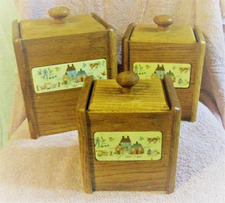 Set of 3 Vintage Farm House Decor Wooden Kitchen Canisters Flour, Sugar, Coffee