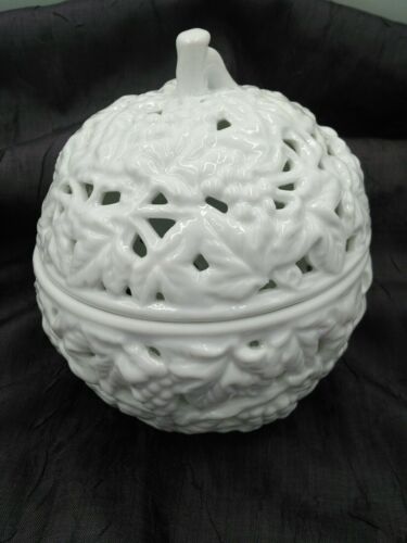 Ceramic White Apple Cookie Jar w/ Lid cut outs/ Decor