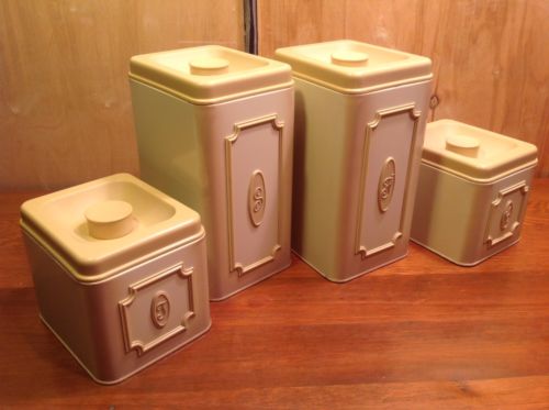 VINTAGE ALMOND COLOR TIN CANISTER 4 PC SET FLOUR SUGAR TEA COFFEE BOX CANADA