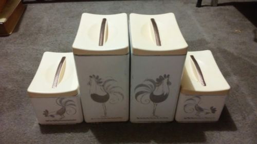VINTAGE RANSBURG TIN STACKABLE TOLEWARE ROOSTER CANISTER SET LOT 4 MID CENTURY
