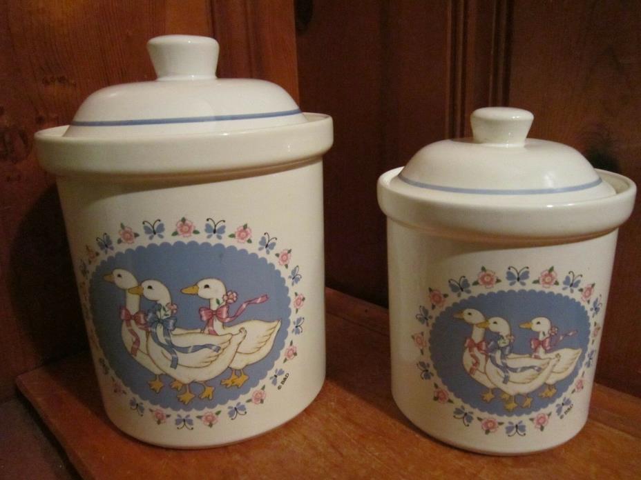 2 Treasure Craft Pottery Ribbon Geese Ceramic Kitchen Canisters 3 qt 6 Quart EUC