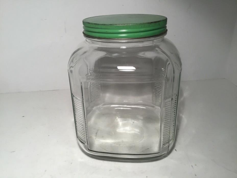 Vintage Large Glass Square Jar Ribbed Corners Gallon Green Lid Canister