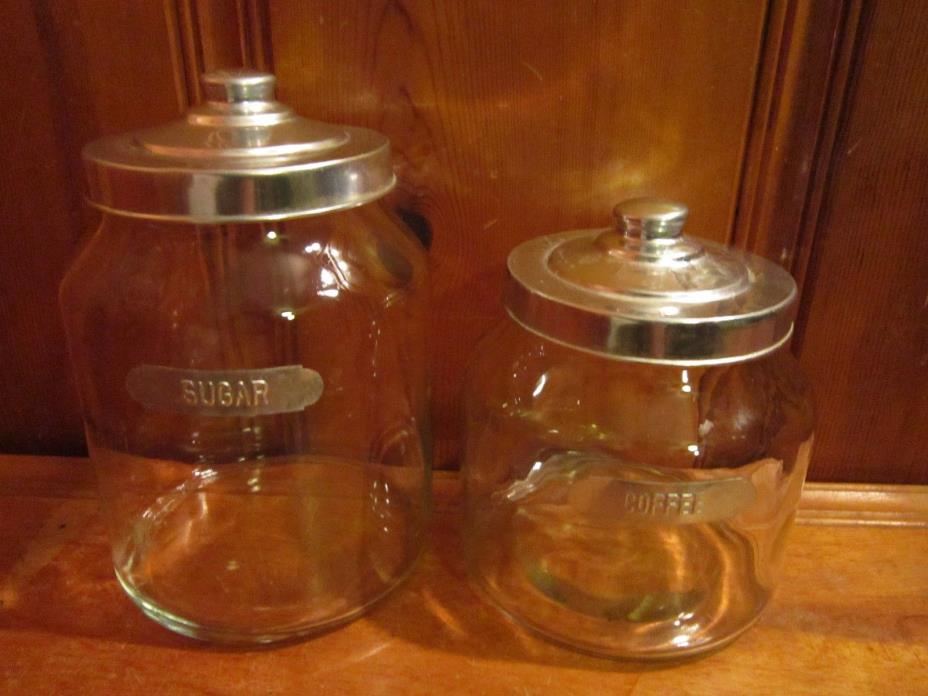 Set of 2 Large Round Glass Sugar & Coffee Kitchen Canisters Aluminum Lids Labels