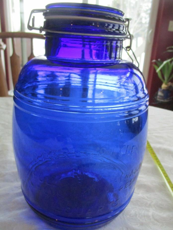 Vintage Cracker Barrel Style 3 Quarts Cobalt Blue Glass Cookie Jar Wire Bail