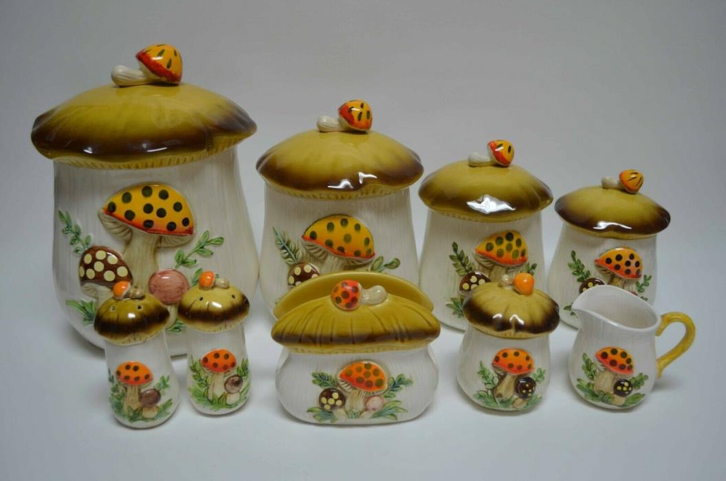 Vintage 1978 Sears Merry Mushroom Canister Set - 9 Piece Set With Lids