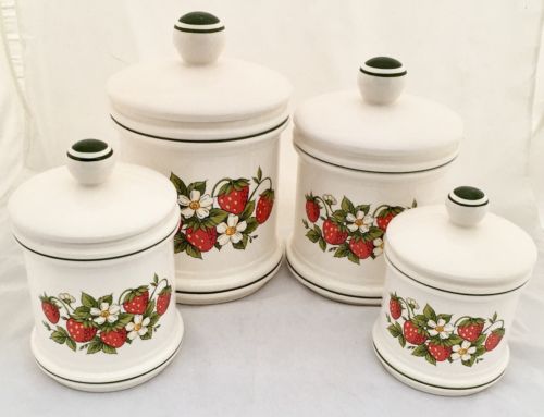 Vintage 70 Retro 4 SEARS STRAWBERRY Ceramic CANISTER SET Country Kitchen *JAPAN*
