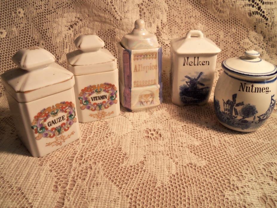 VINTAGE 5 PORCELAIN SMALL SPICE LIDDED CONTAINER JARS