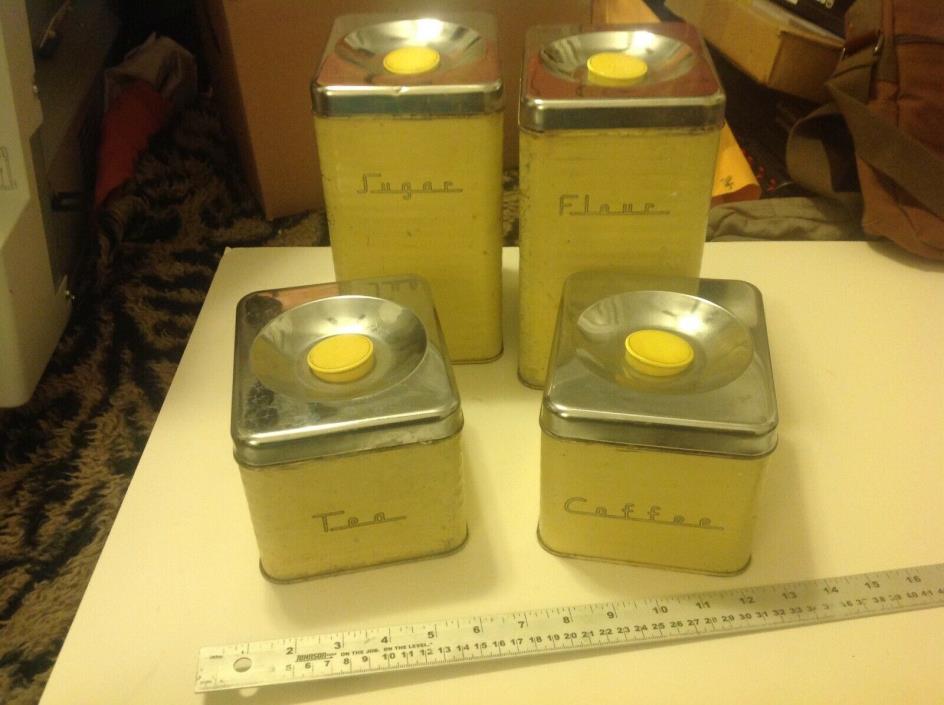 Vintage Yellow Metal Canister Set of 4 Flour Sugar Coffee Tea
