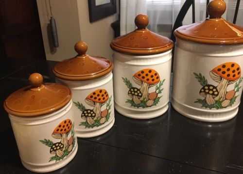 Sears Roebuck &Co 1982 Merry Mushrooms 4 Pc Canisters Set Made In Japan *