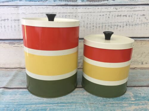 Tin Striped Canisters Nesting Metal With Lids Retro 1970s Vintage Green Set of 2