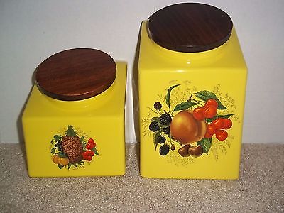 VTG Hyalyn Mid-Century USA Yellow 2 Piece Ceramic Canisters Peach Pineapple L/S