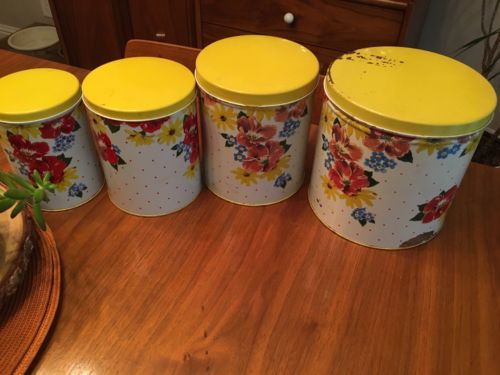 Vintage Yellow Tin Canister Set Flowers Red Floral Shabby Metal Kitchen Decor