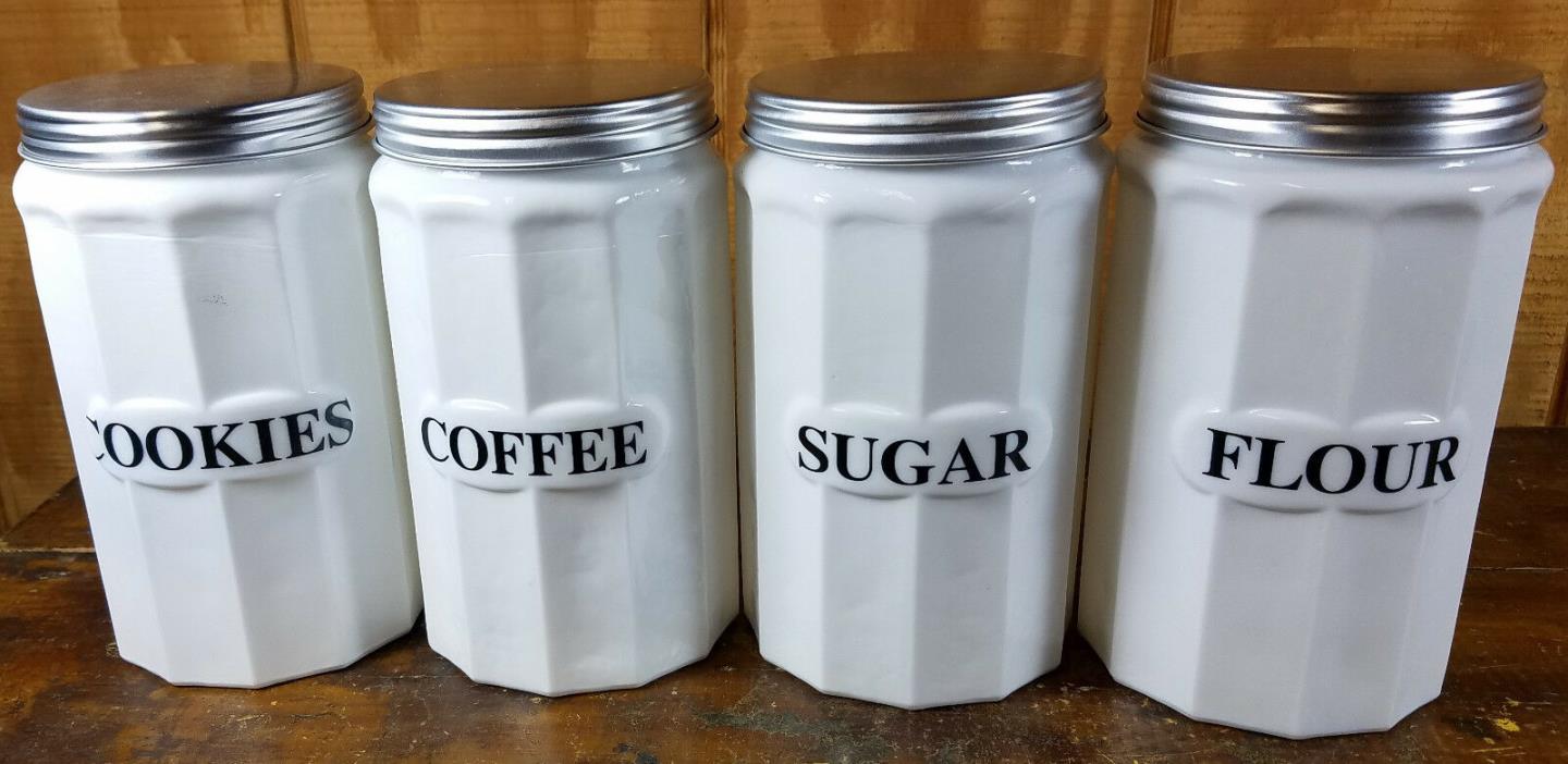 MILK WHITE GLASS PANEL CANISTER SET METAL SCREW LID COFFEE SUGAR FLOUR COOKIES