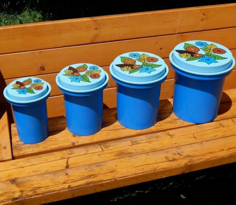Vintage Blue Retro Floral Rubbermaid Hard Plastic Nesting Canisters Flower Lids
