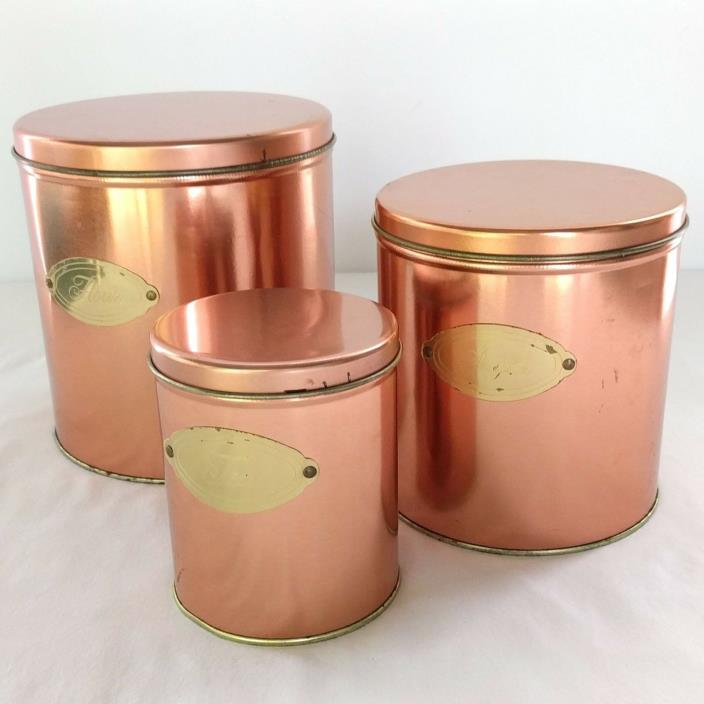 Vintage Ballonoff Copper Tone Canisters w/ Brass Labels Flour Sugar Tea Set of 3