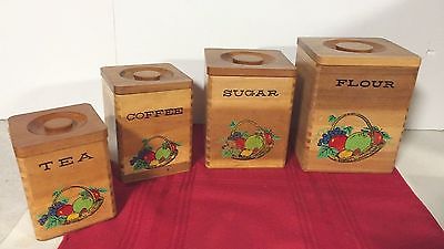 VINTAGE SET 4 WOOD CANISTERS FLOUR SUGAR COFFEE TEA COLORFUL FRUIT BASKET JAPAN