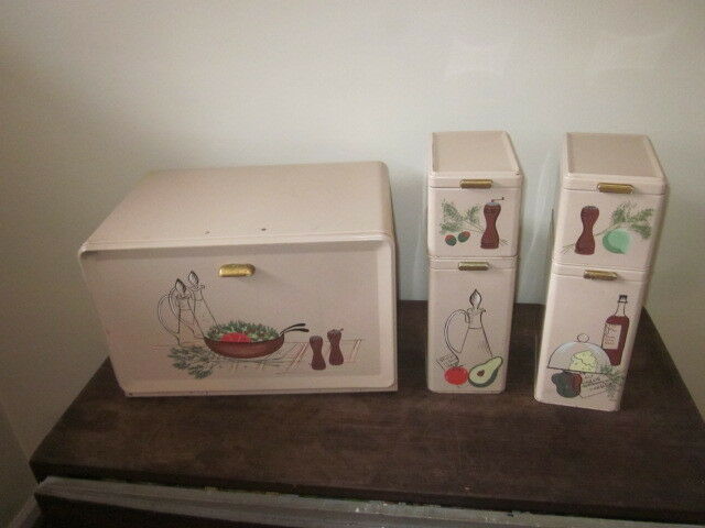 Vintage Ransburg Metal Canister Set Bread Box Maid of Honor Hand Painted