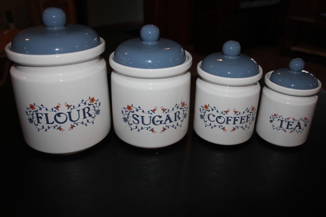 Set 4 Jay Wildflower Canisters Blue Lids Ceramic Flour Sugar Coffee Tea