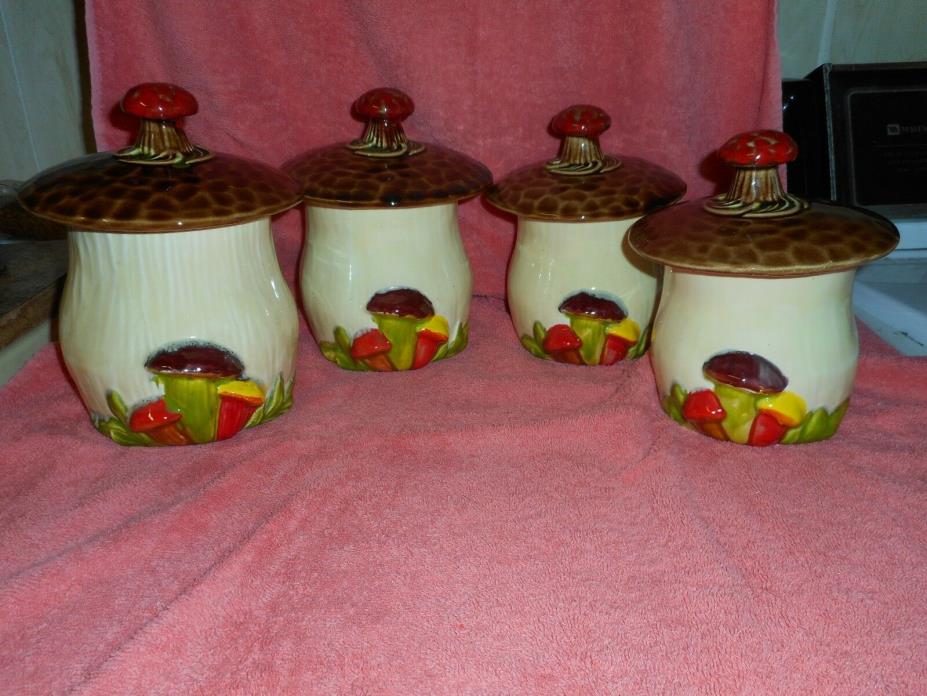 1960's rare ceramic mushroom canister set 4 with lids