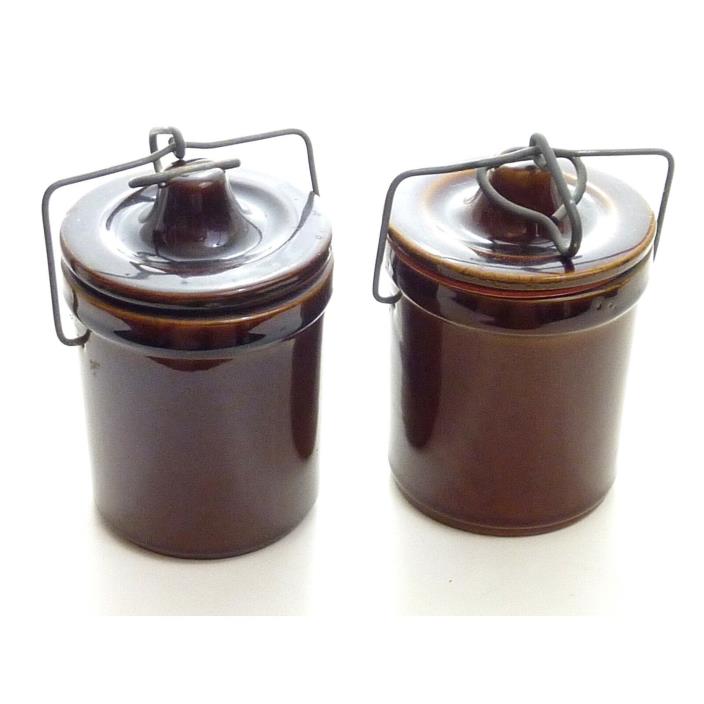 Vintage Brown Ceramic Jar w/ Metal Top Clamp Lid Storage Jar Set