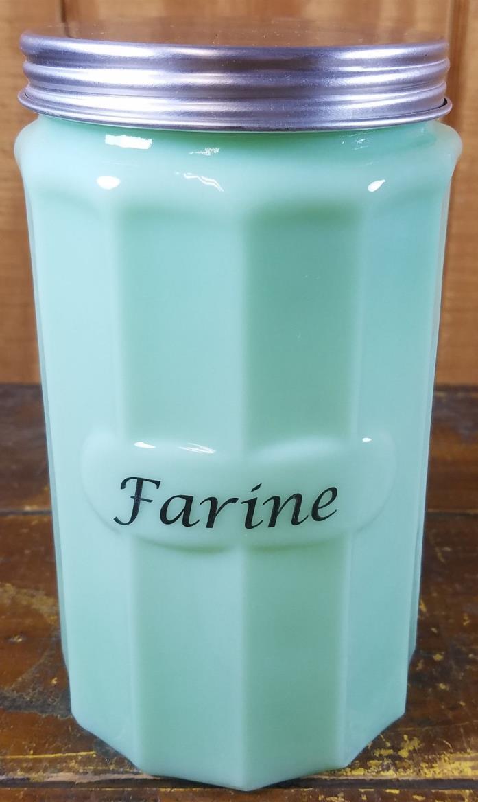JADITE GREEN GLASS PANEL JADEITE FRENCH FARINE FLOUR CANISTER METAL SCREW ON LID